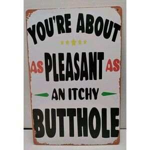 Tin Sign-You're About As Pleasant As An Itchy Butthole-Funny- Novelty-Retro